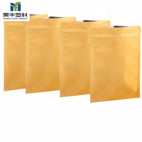 Commestibile ecologico all'ingrosso per caffè, tè, polvere, frutta secca, snack, arachidi, imballaggi, supporto, borsa a fondo piatto, sacchetto di carta kraft marrone biodegradabile con cerniera