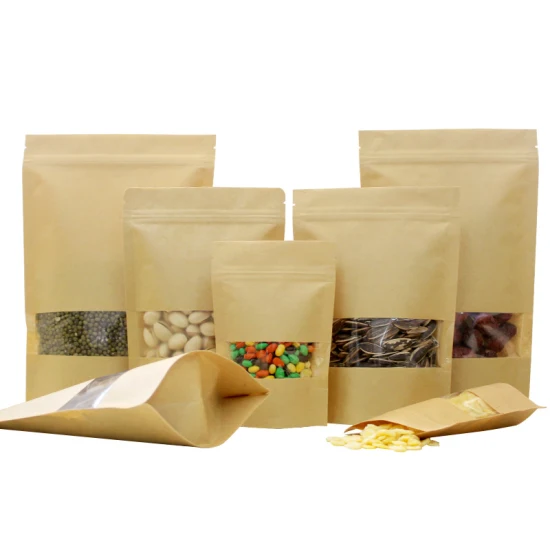 Sacchetti per imballaggio alimentare marrone, finestra biodegradabile, commercio all'ingrosso, panetteria, caffè, fondo scatola bottiglia nera, sacchetto di carta kraft artigianale